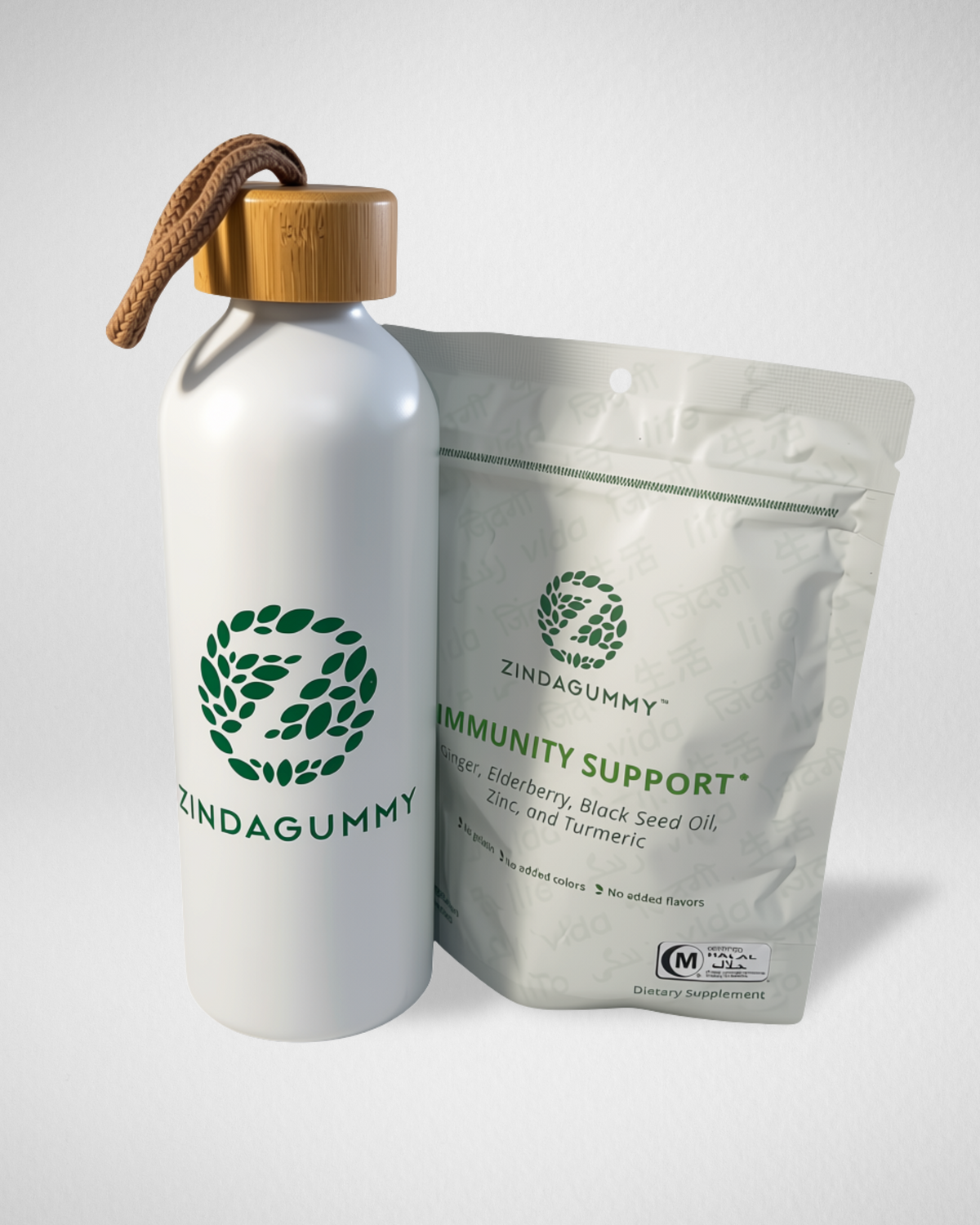A white Zindagummy water bottle with a bamboo cap and brown loop, standing next to a white Zindagummy 'Immunity Support' supplement pouch on a light gray background.